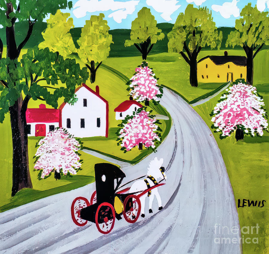 White Horse and Cherry Blossoms by Maude Lewis late 1950s Painting by Maud Lewis