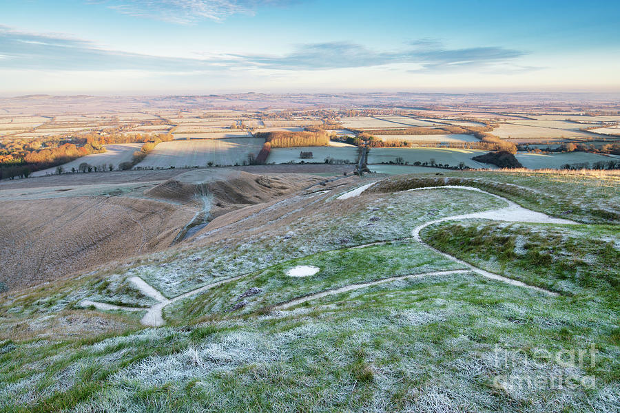 White Horse and Dragon Hill in the Winter Frost at Sunrise Photograph by Tim Gainey