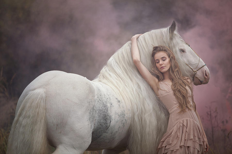 White horse and girl in pink Photograph by Olga Bazhutova Fine Art