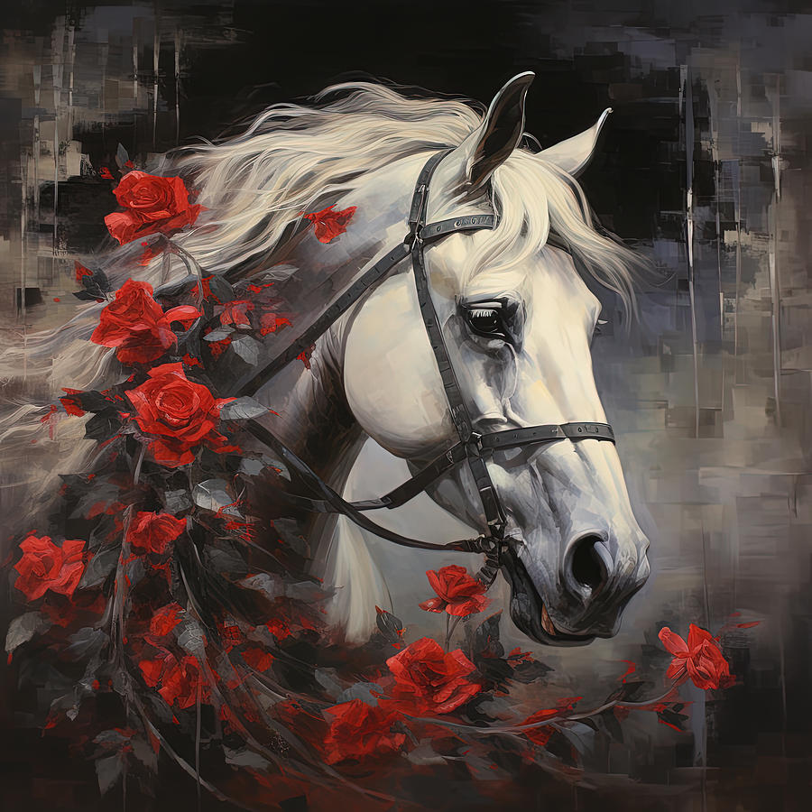 White Horse and Red Roses Painting by Lourry Legarde