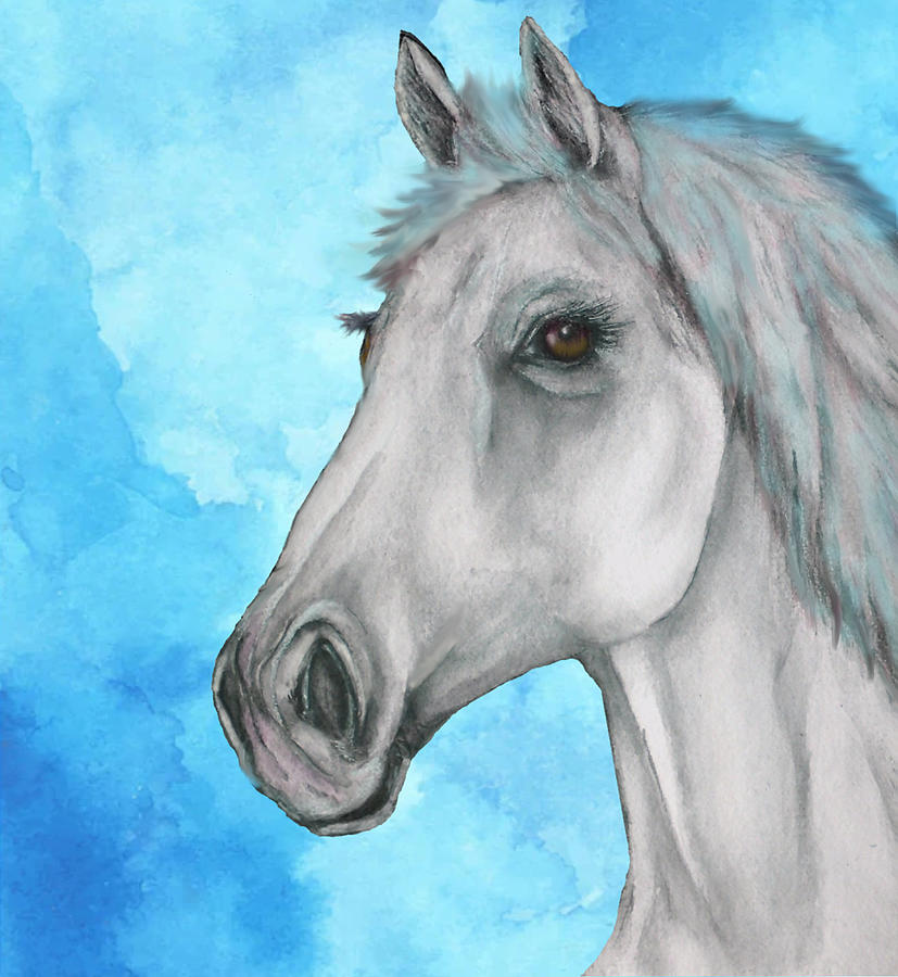 White Horse in Blue Painting by Kelly Mills