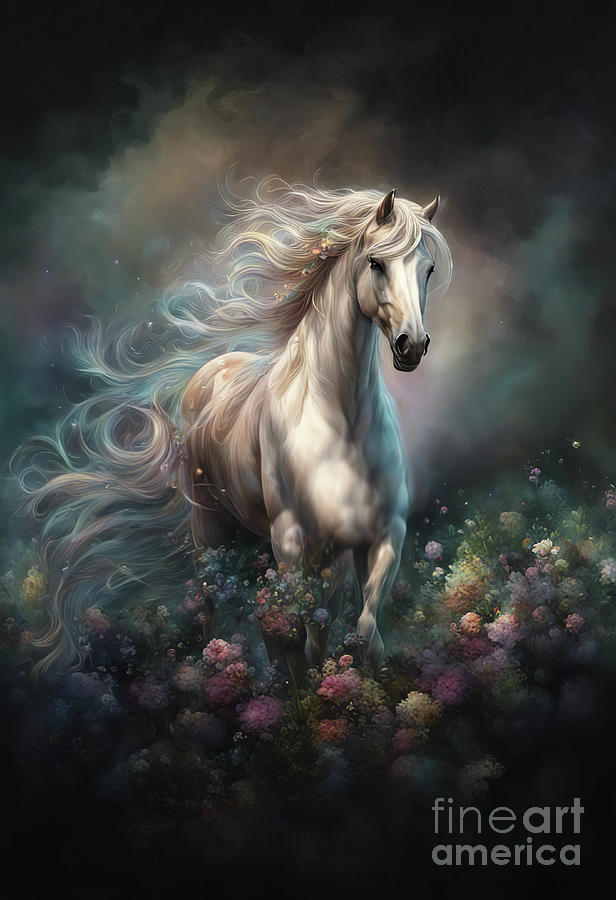 White Horse in Flowers with Flowing Mane and Tail Mixed Media by Stephanie Laird