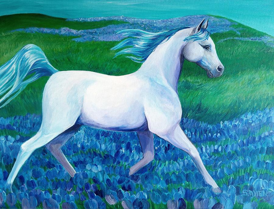 White Horse Texas Blue Bonnet Field Painting by Sonya Allen