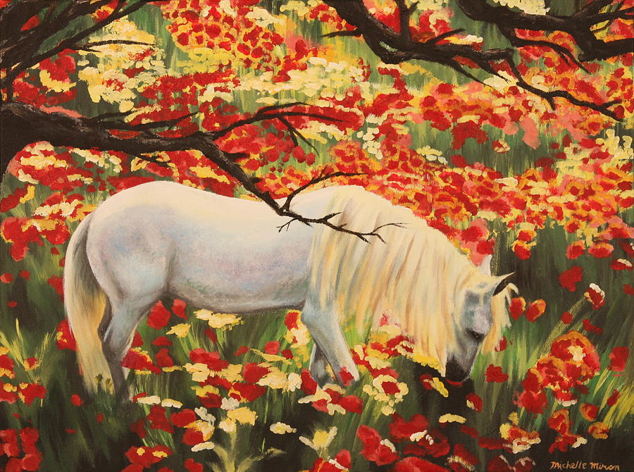 White Horse With Flowers Painting by Michelle Miron-Rebbe