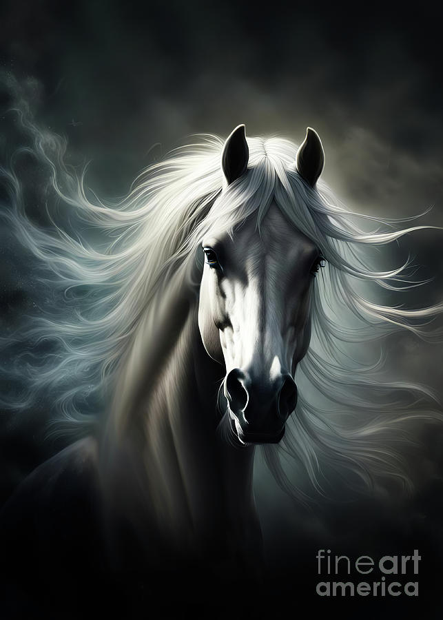 White Horse with Wind Blown Mane Mixed Media by Stephanie Laird