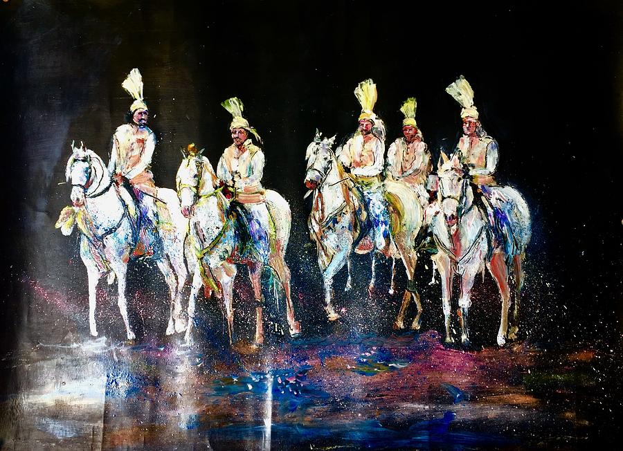 White horses and the riders. Painting by Khalid Saeed