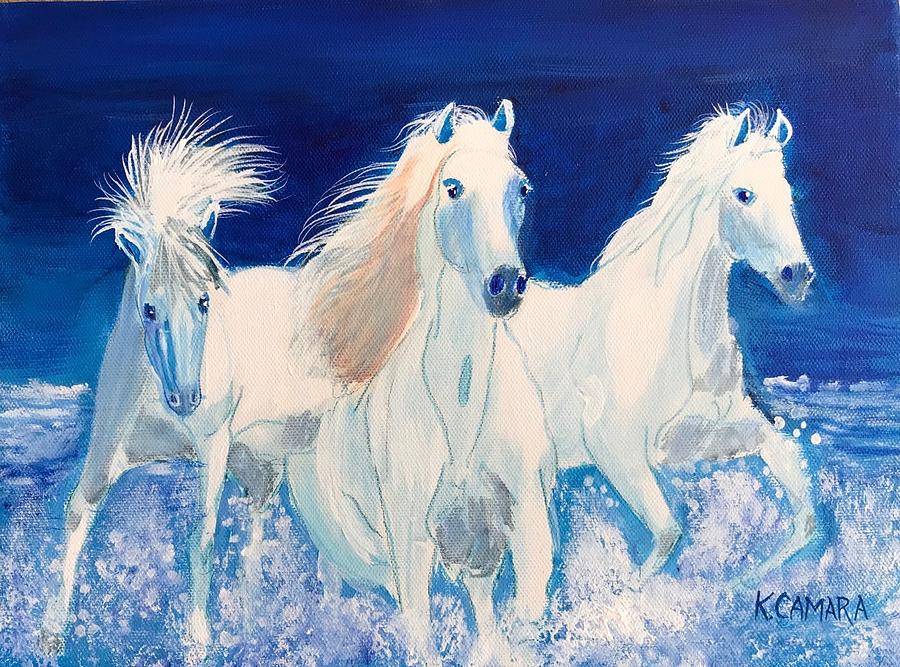 White Horses on Beach Painting by Kathie Camara
