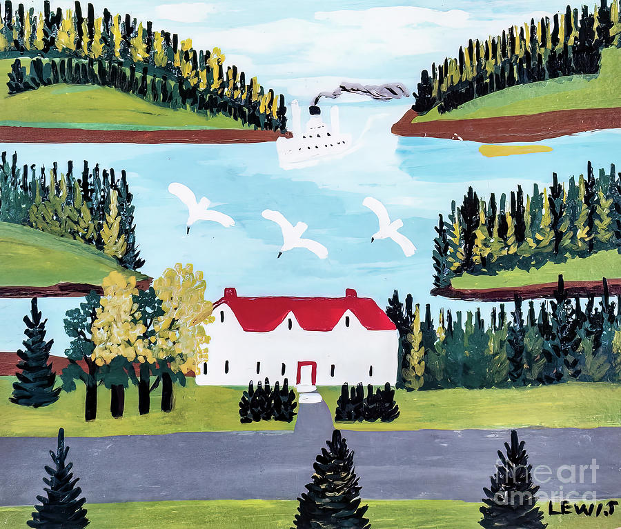 White House and Digby Gut by Maud Lewis 1960s Painting by Maud Lewis