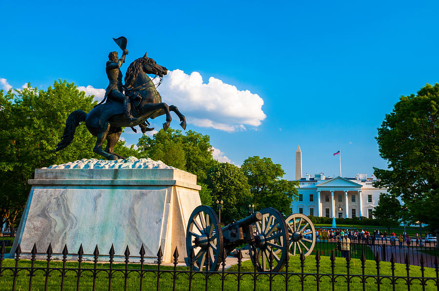 White House with Andrew Jackson Equestrian Statue and Cannons Photograph by Davel5957