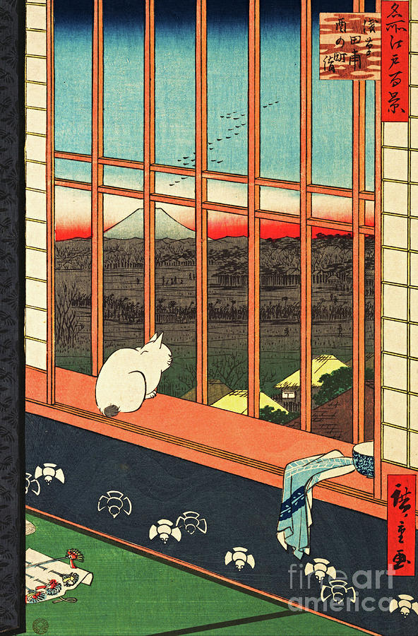 White Japanese Cat Sits on Windowsill Watches Revelers Returned from the Tori no Machi Festival 1857 Painting by Peter Ogden