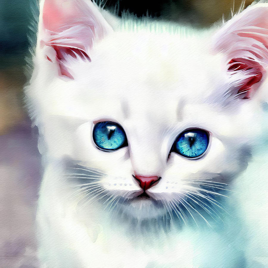 White Kitten With Blue Eyes Digital Art