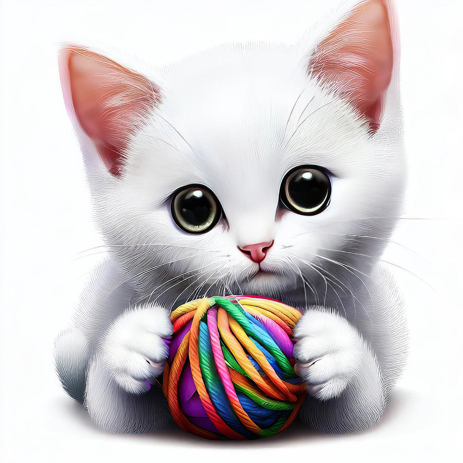 White Kitten With Colorful Yarn Digital Art