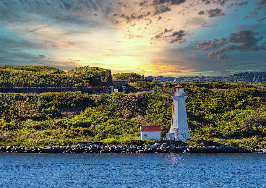 White Lighthouse on Green Coast at Sunrise Photograph by Darryl Brooks