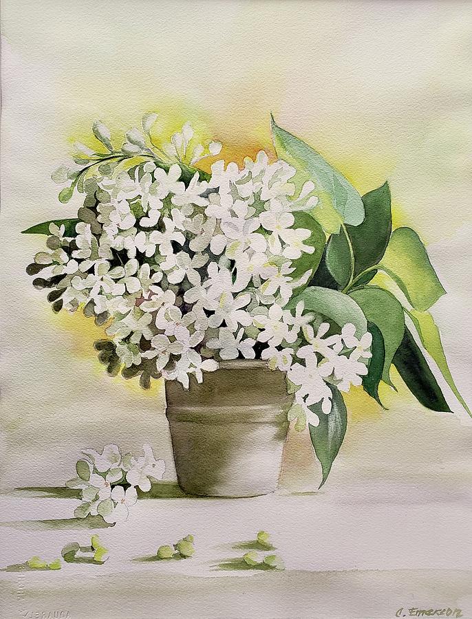 White Lilacs Watercolor Painting by Carolyn Emerson