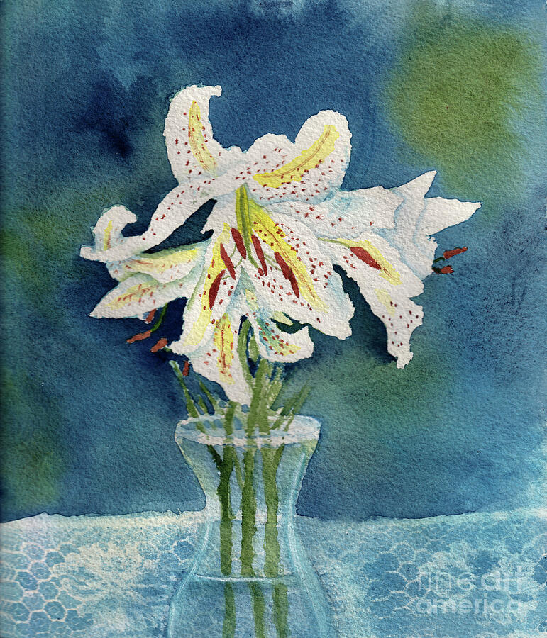 White Lilies in a Glass Vase Painting by Conni Schaftenaar