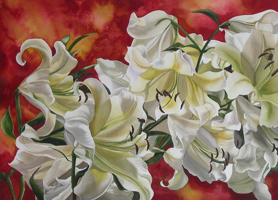 White Lilies With Red Painting by Alfred Ng