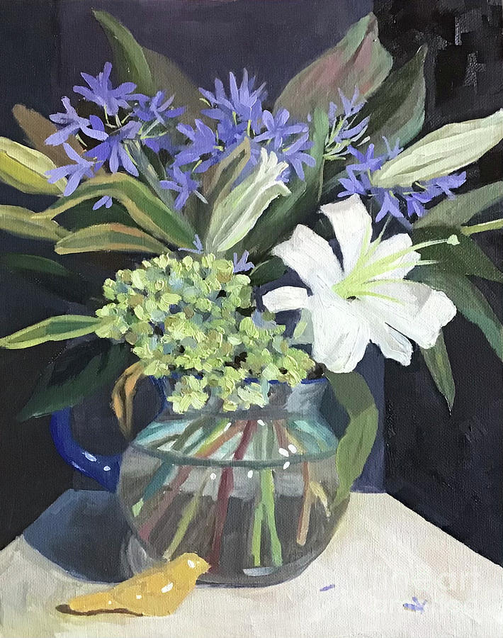 White Lillies in Blue Pitcher Painting by Anne Marie Brown