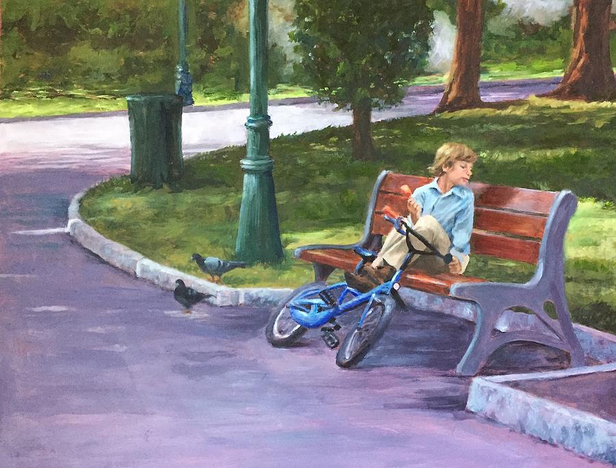 White Male Suspect with Possibly Stolen Bike, Loitering in Park, Ignoring Pigeons Painting by Connie Schaertl