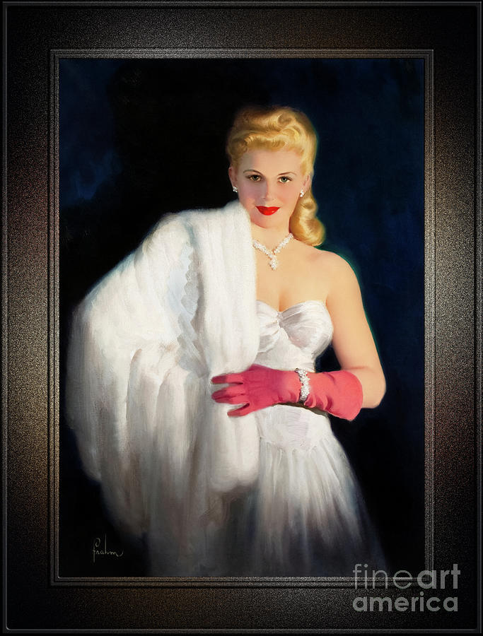 White Mink and Diamonds by Art Frahm Sophisticated Pin-Up Girl Vintage Artwork Painting by Rolando Burbon