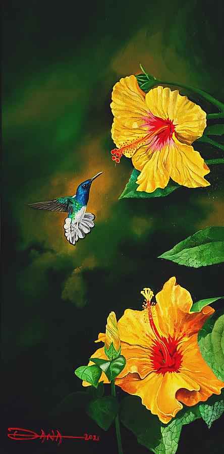 White Necked Jacobin and Yellow Hibiscus Painting by Dana Newman