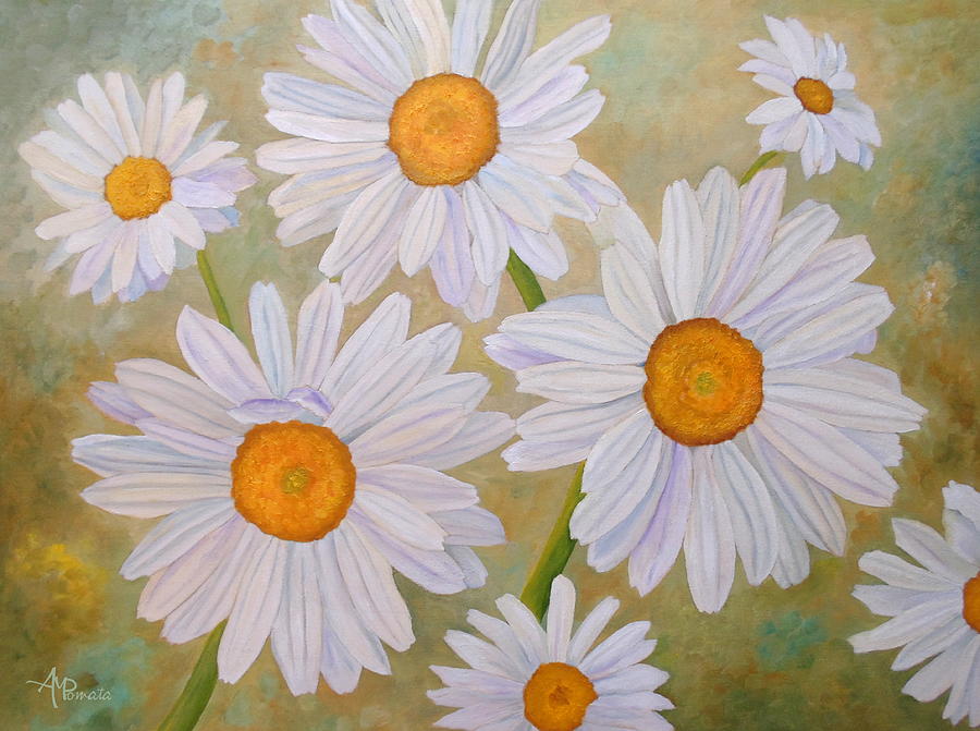 Flower Painting - White On Green Daisies by Angeles M Pomata