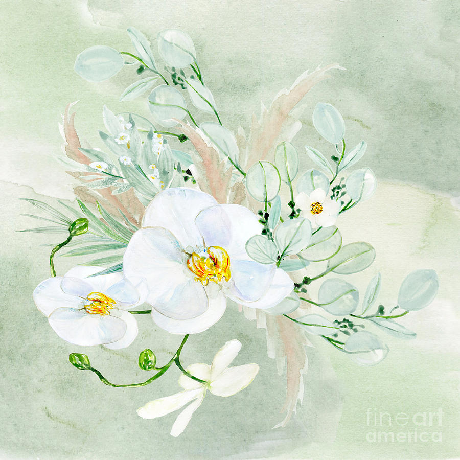 White Orchid and Eucalyptus Digital Art by J Marielle