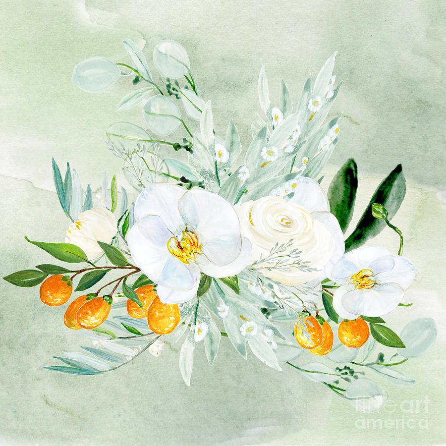 Nature Digital Art - White Orchid and Kumkwat by J Marielle