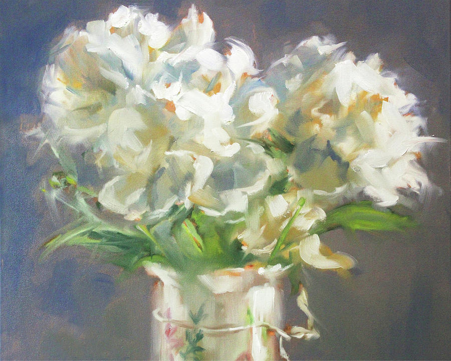White Peonies detail Painting by Roxanne Dyer