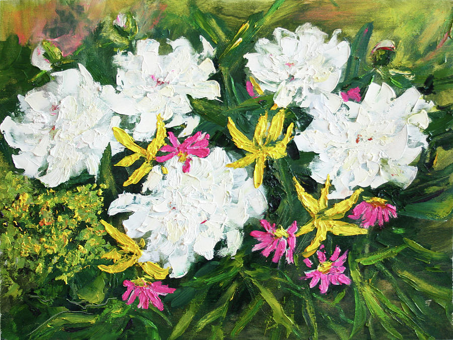 White Peonies In Garden Painting by Svetlana Samovarova
