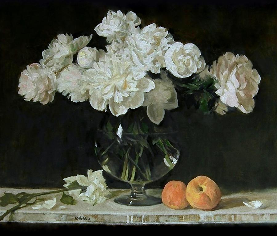 Peach Painting - White Peonies in Giant Snifter With Peaches by Robert Holden