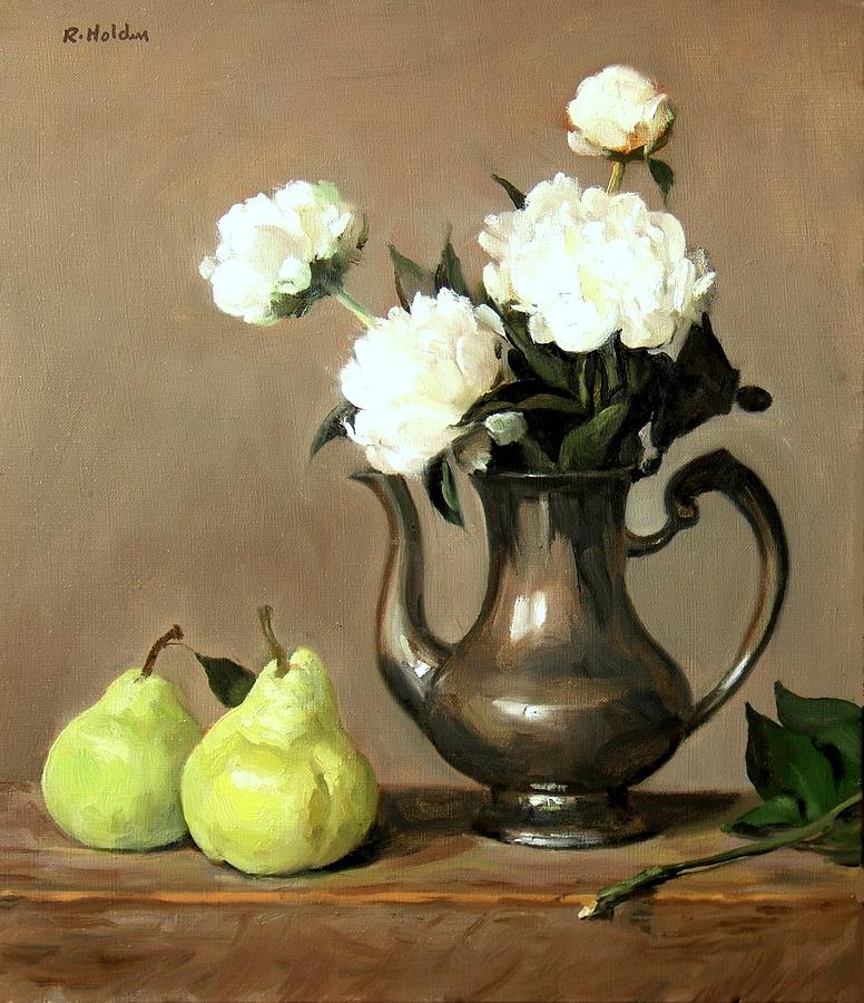 Spring Painting - White Peonies in Silver Coffeepot and Pears by Robert Holden