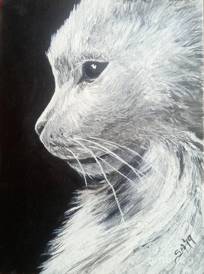 White Persian Cat Black and White Acrylic by Sonya Allen Painting by Sonya Allen