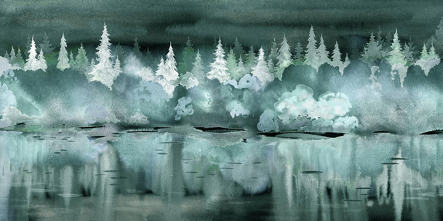 White Pine Tees Snow In Teal  Forest Lake Reflections Watercolor  Painting by Irina Sztukowski