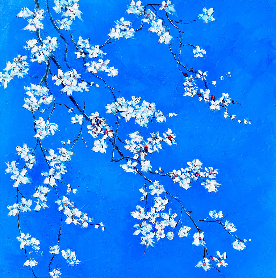 White Plum Blossom on blue Painting by Jan Matson White Plum Blossom on blue Painting by Jan Matson