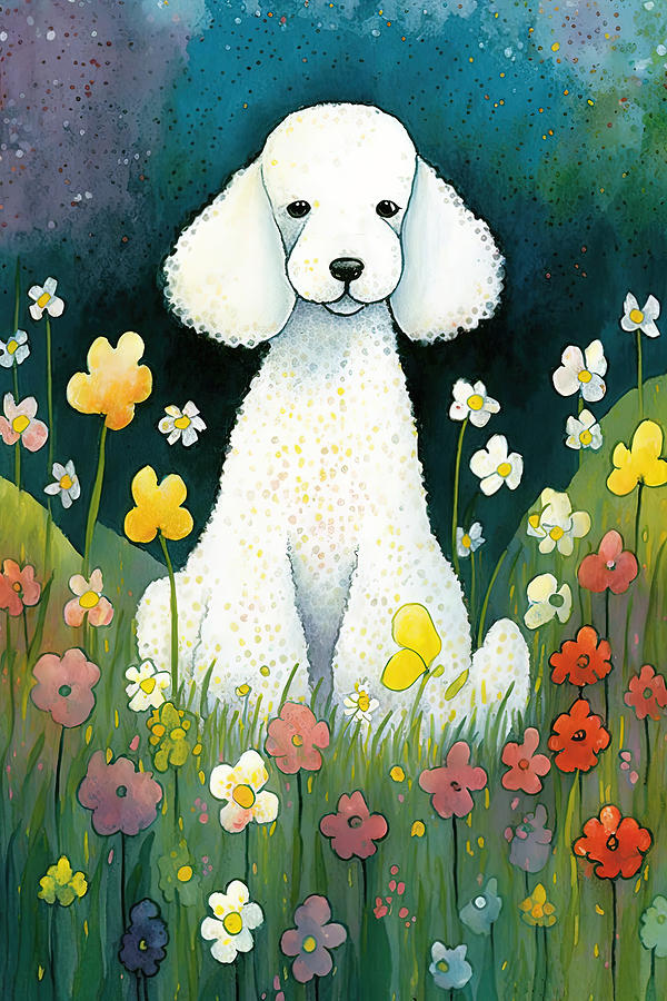 White poodle in a flower field Digital Art by Debbie Brown
