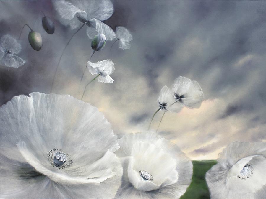 White poppies and a dark sky Painting by Annette Schmucker