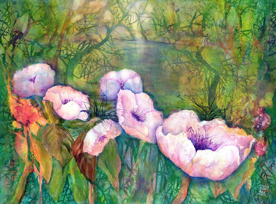 White Poppy Flowers at the Pond Painting by Sabina Von Arx