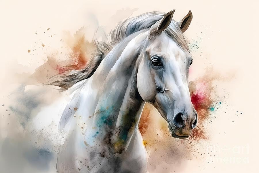 Nature Painting - White purebred Arab horse on a watercolor painting.  by N Akkash