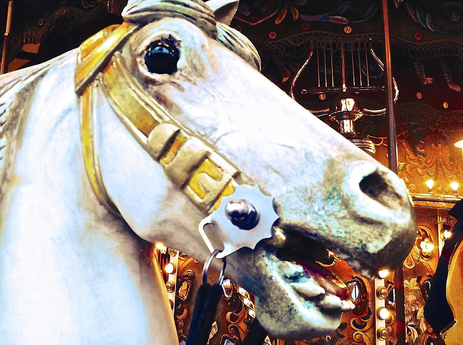 White Racing Horse On British Merry Go Round  Photograph by Debra Amerson
