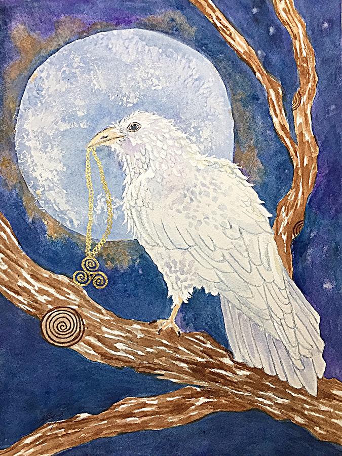 White Raven With Triskele  Painting by Ellen Levinson