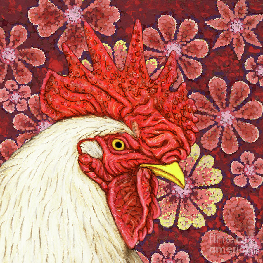 White Rooster Floral Painting by Amy E Fraser