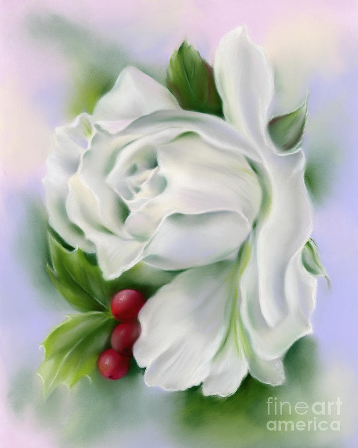 White Rose and Winter Holly Painting by MM Anderson