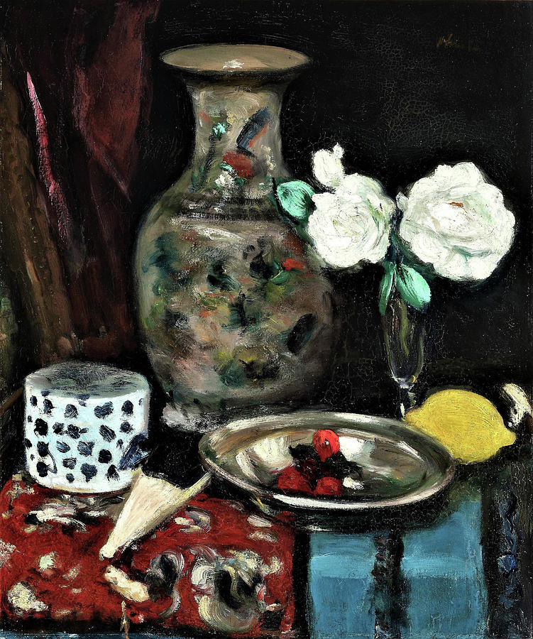 White roses and a Chinese vase - Digital Remastered Edition Painting by George Leslie Hunter