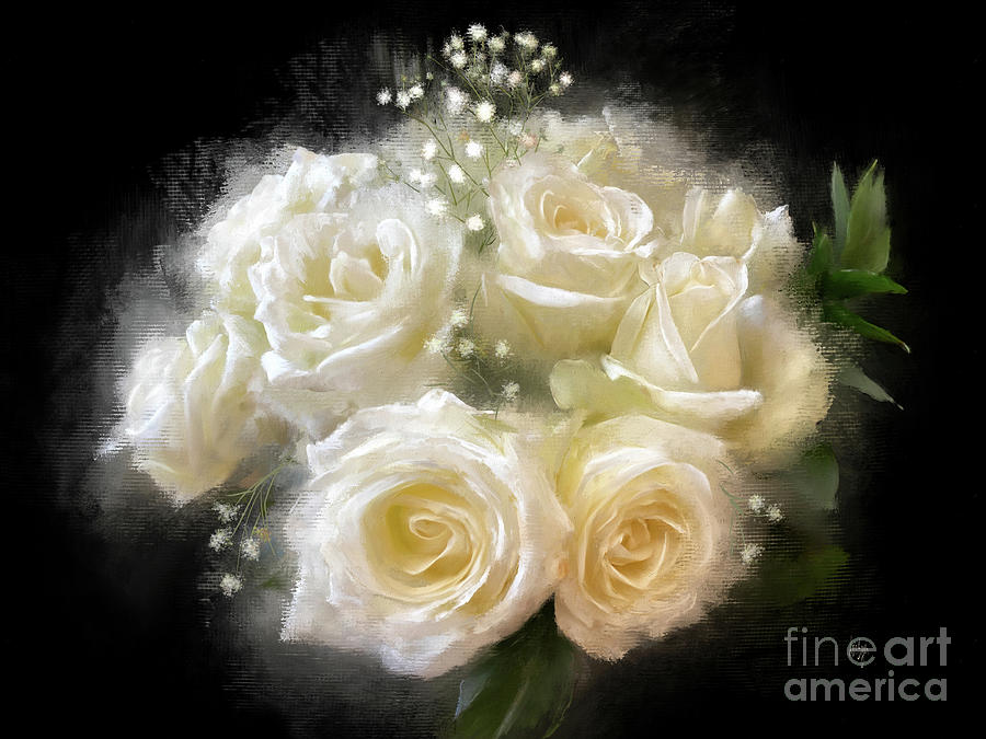 White Roses and Babys Breath Digital Art by Lois Bryan