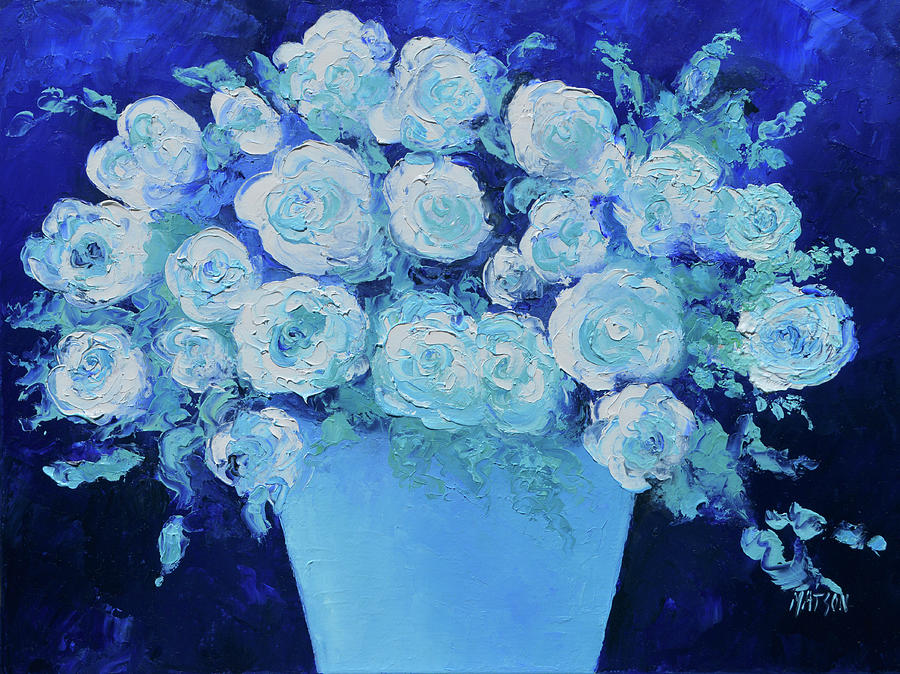 Still Life Painting - White roses in a blue vase still life by Jan Matson