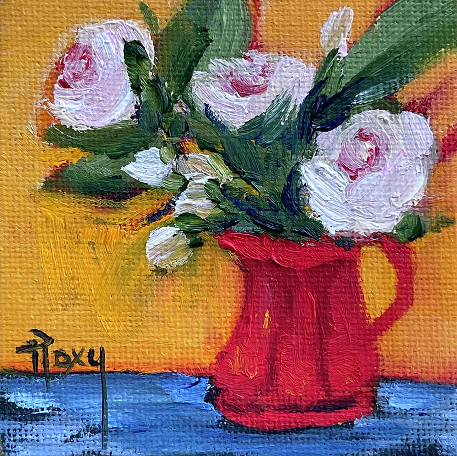 White Roses in a Red Pitcher Painting by Roxy Rich