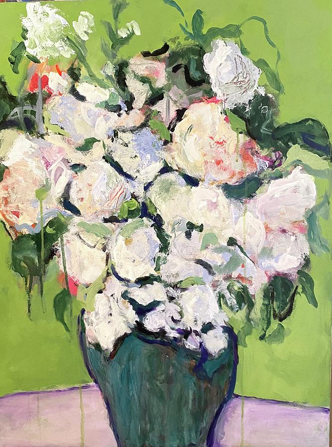 Flower Painting - White Roses in a Turquoise Vase by Sandy Welch