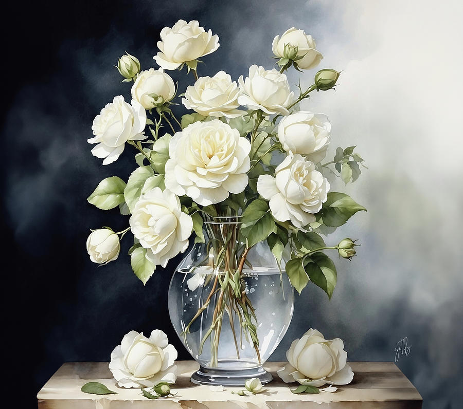 White Roses in a Vase oil Painting Painting by Georgeta Blanaru