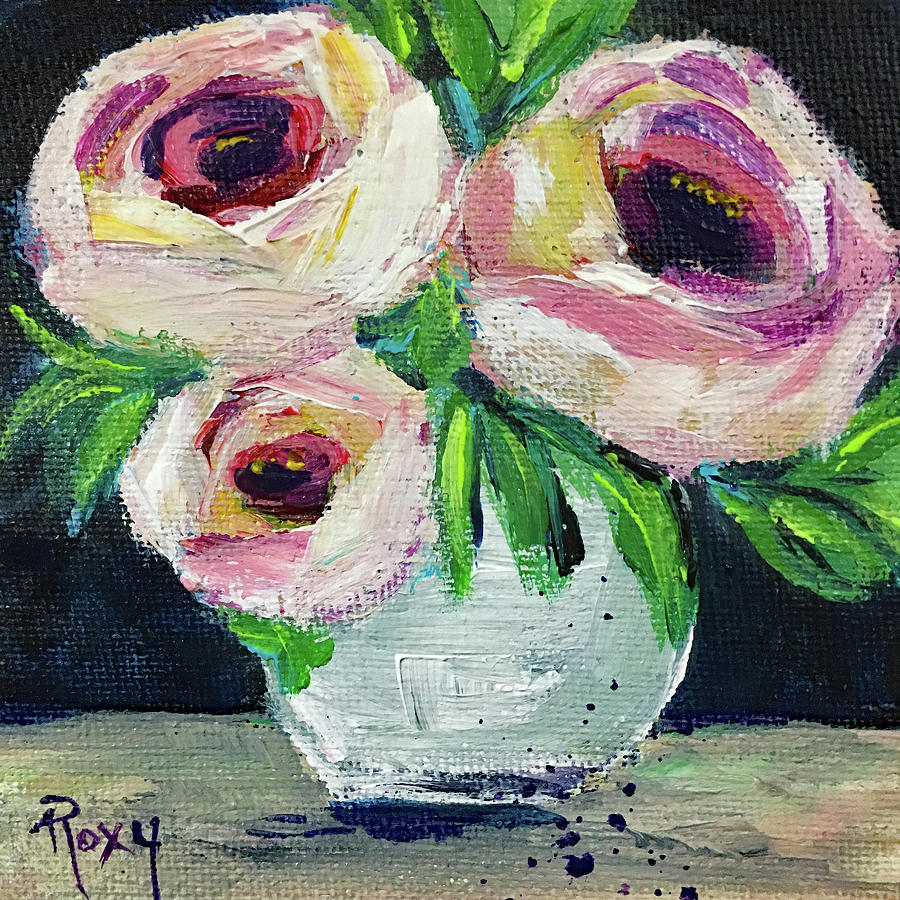 White Roses in a White Vase Painting by Roxy Rich