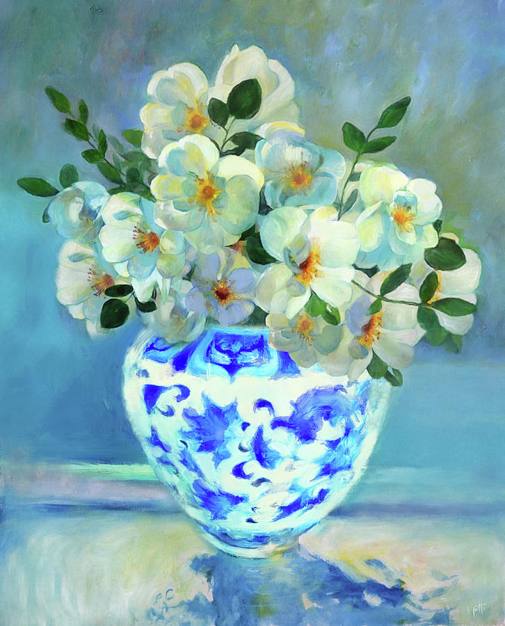 Blue Green Painting - White Roses in Chinoiserie by Kimberly Potts